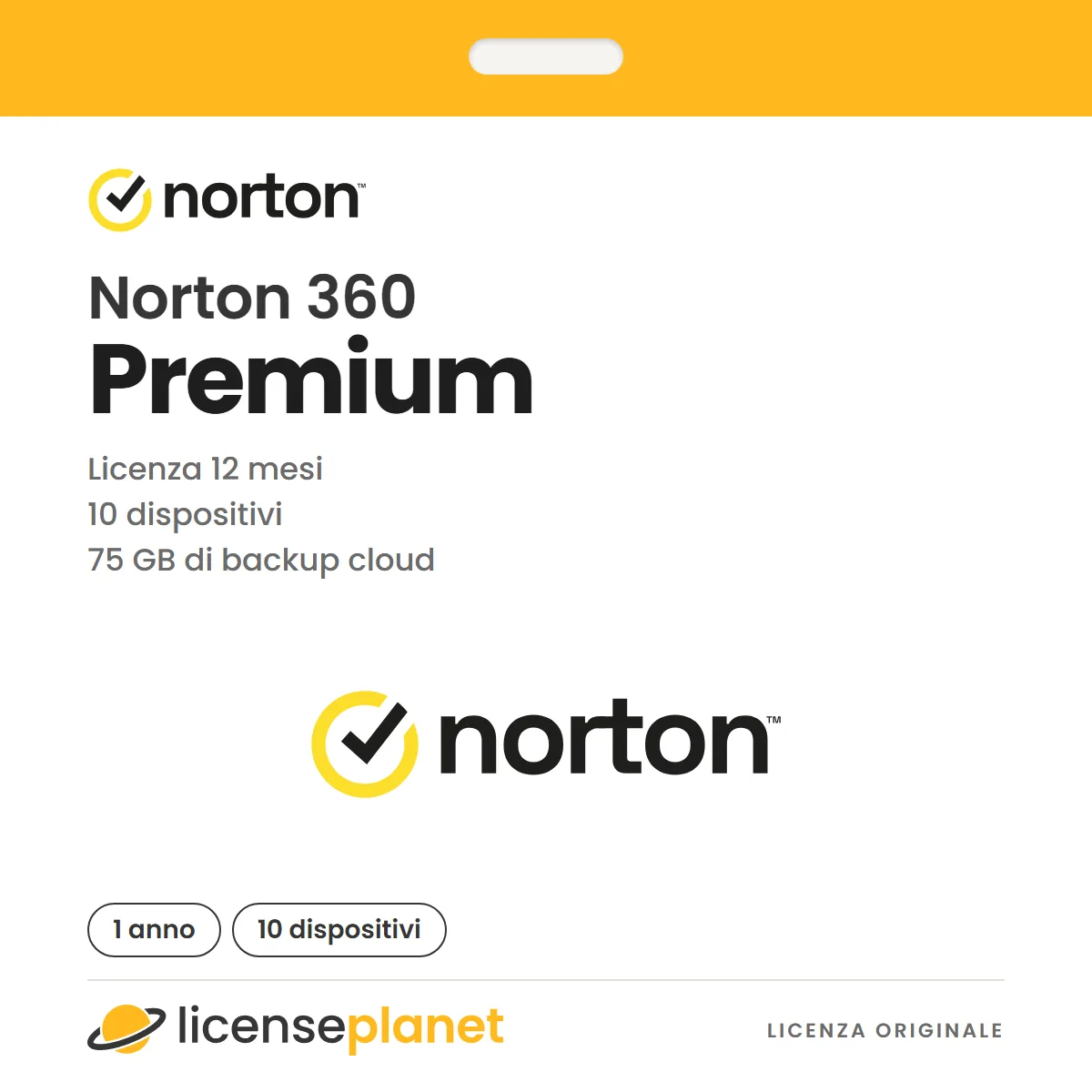 Norton 360 Premium, 75 GB Backup nel Cloud, 10 Dispositivi 1 Anno NO SUBSCRIPTION