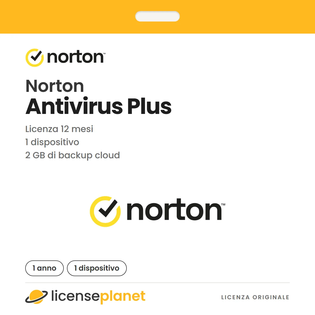Symantec Norton Antivirus Plus, 2 GB di backup cloud, 1 utente 1 dispositivo, 12 MO di licenza annuale, download